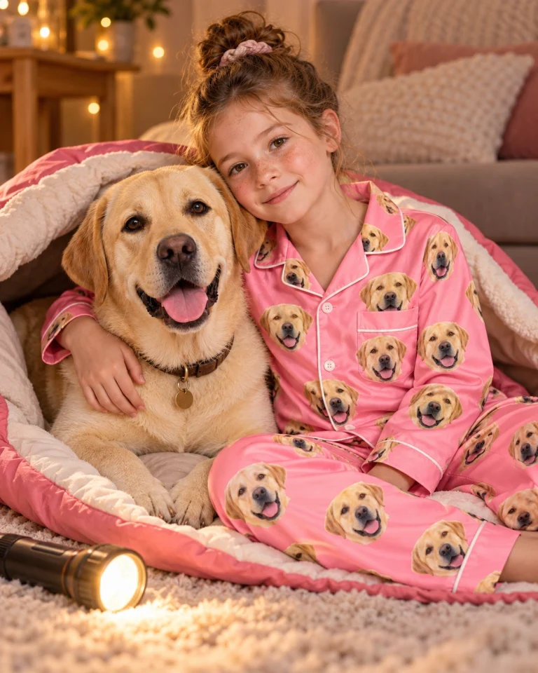 Girl in girls labrador pajamas cuddling her Labrador Retriever — MyDogPics