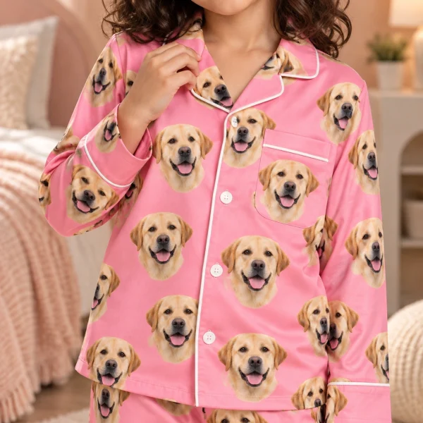 Girl wearing girls labrador pajamas covered in yellow Labrador Retriever faces on pink satin — MyDogPics