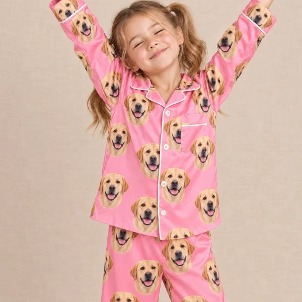 Girl posing in girls labrador pajamas, yellow Labrador Retriever faces on pink satin — MyDogPics