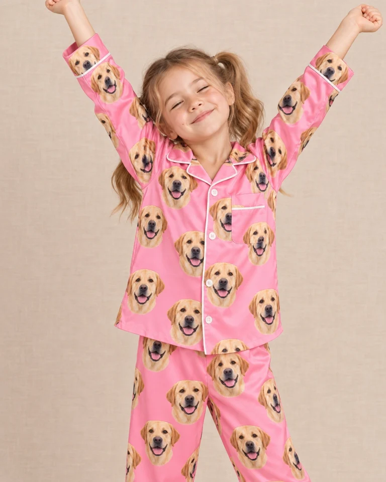 Girl posing in girls labrador pajamas, yellow Labrador Retriever faces on pink satin — MyDogPics