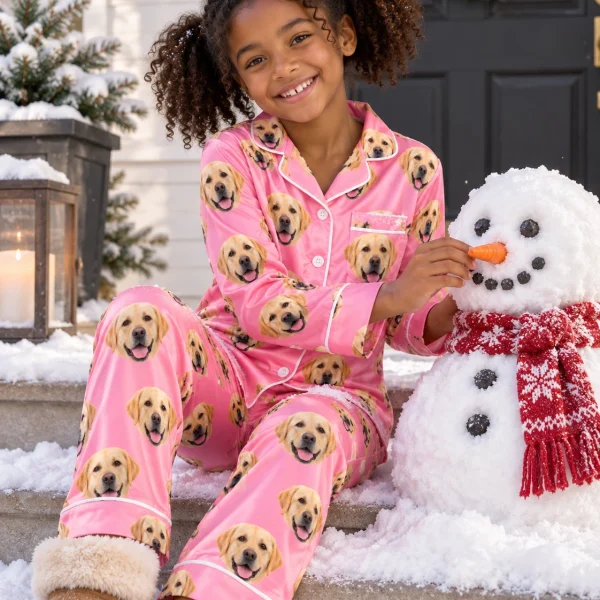 Girl sitting in girls labrador pajamas covered in yellow Labrador Retriever faces — MyDogPics