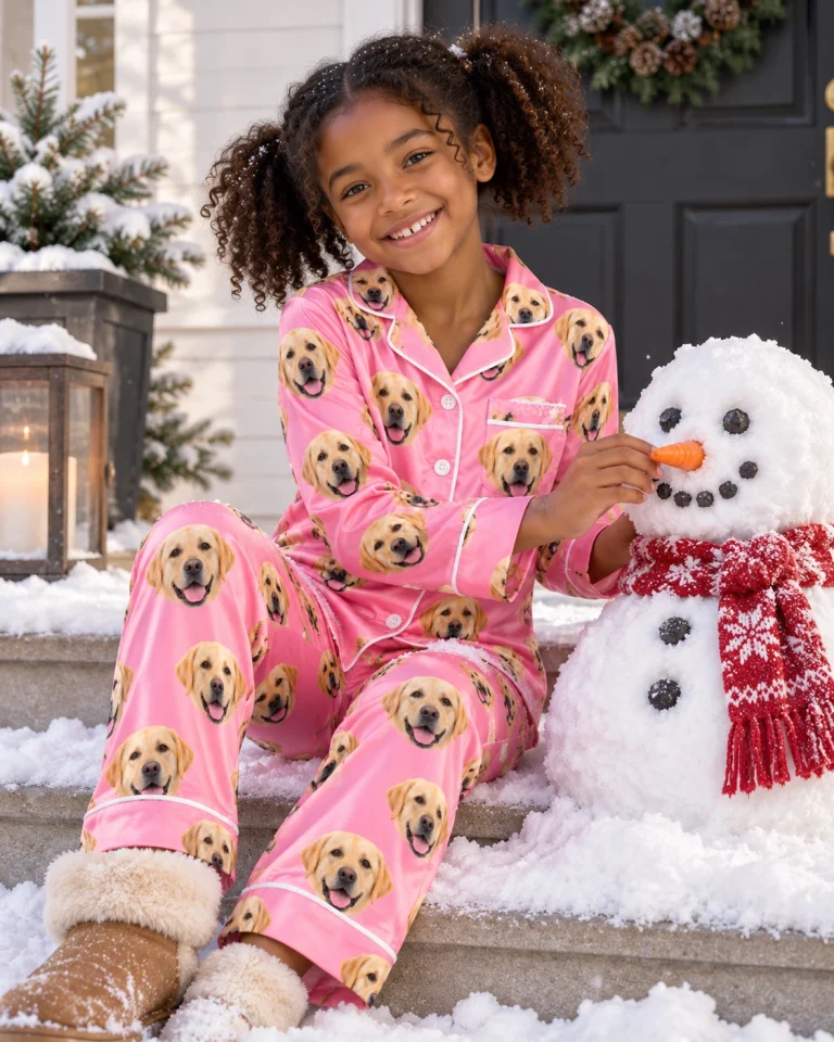 Girl sitting in girls labrador pajamas covered in yellow Labrador Retriever faces — MyDogPics