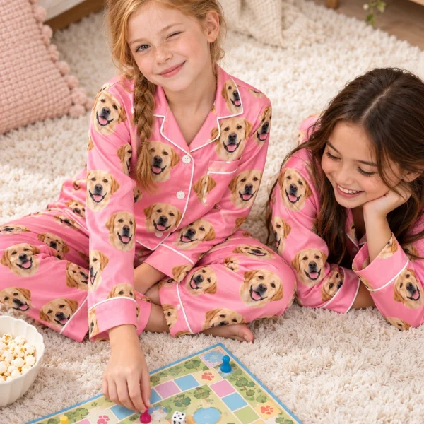 Two kids in girls labrador pajamas with yellow Labrador Retriever faces on pink satin — MyDogPics