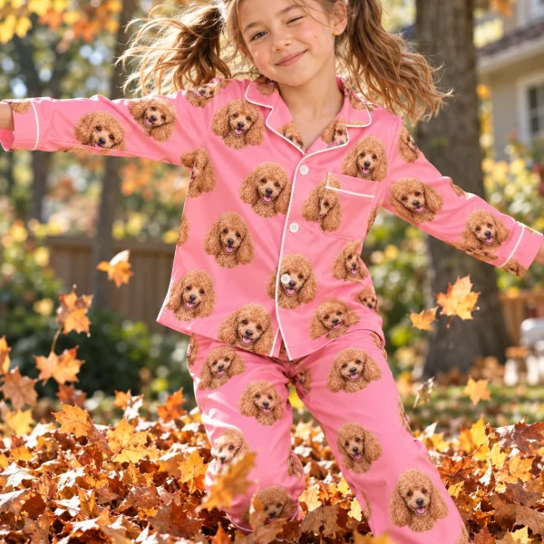 Girl posing in girls poodle pajamas, apricot Poodle faces on pink satin — MyDogPics