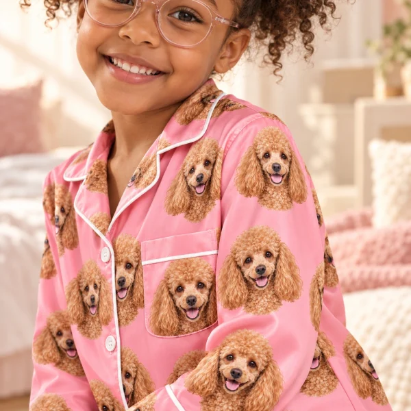 Girl posing in girls poodle pajamas, apricot Poodle faces on pink satin — MyDogPics