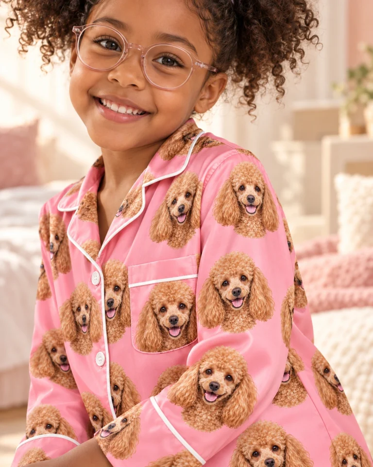 Girl posing in girls poodle pajamas, apricot Poodle faces on pink satin — MyDogPics