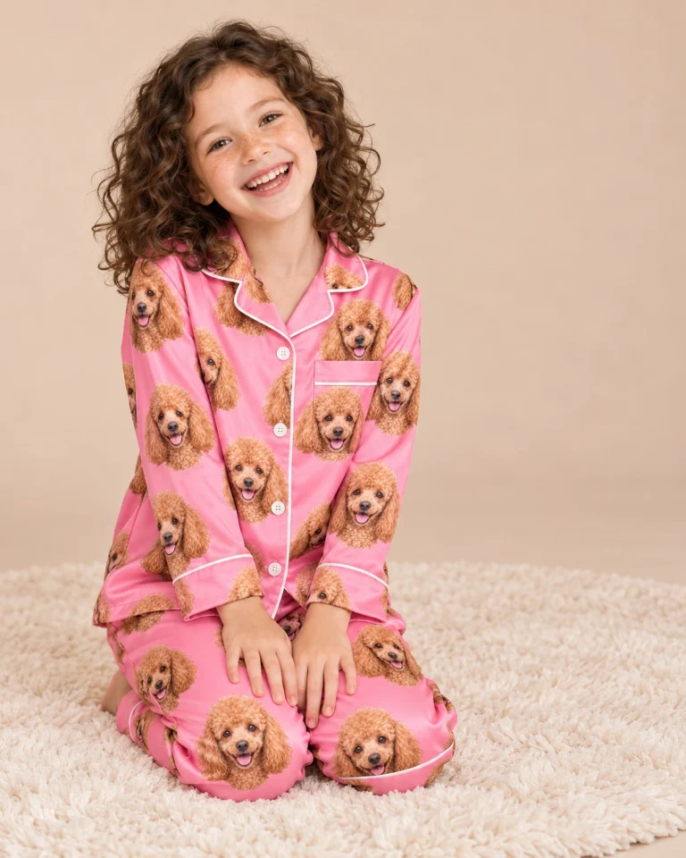 Girl sitting in girls poodle pajamas covered in apricot Poodle faces — MyDogPics