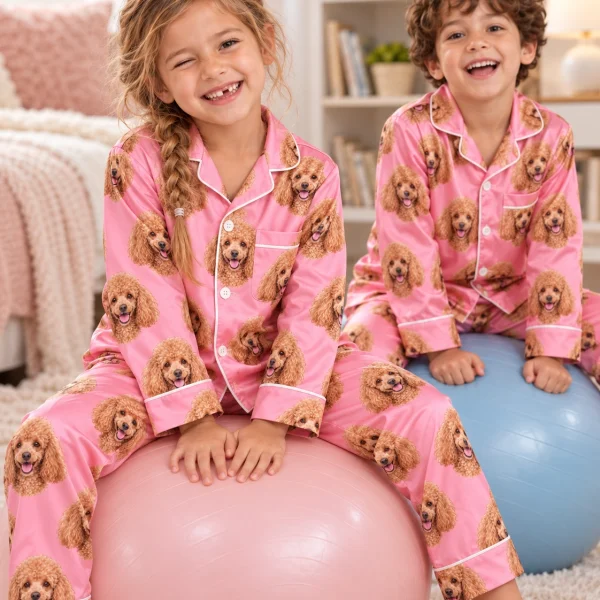 Two kids in girls poodle pajamas with apricot Poodle faces on pink satin — MyDogPics