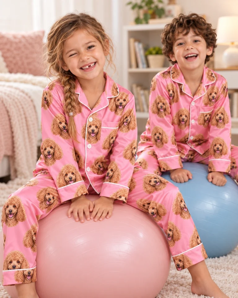 Two kids in girls poodle pajamas with apricot Poodle faces on pink satin — MyDogPics