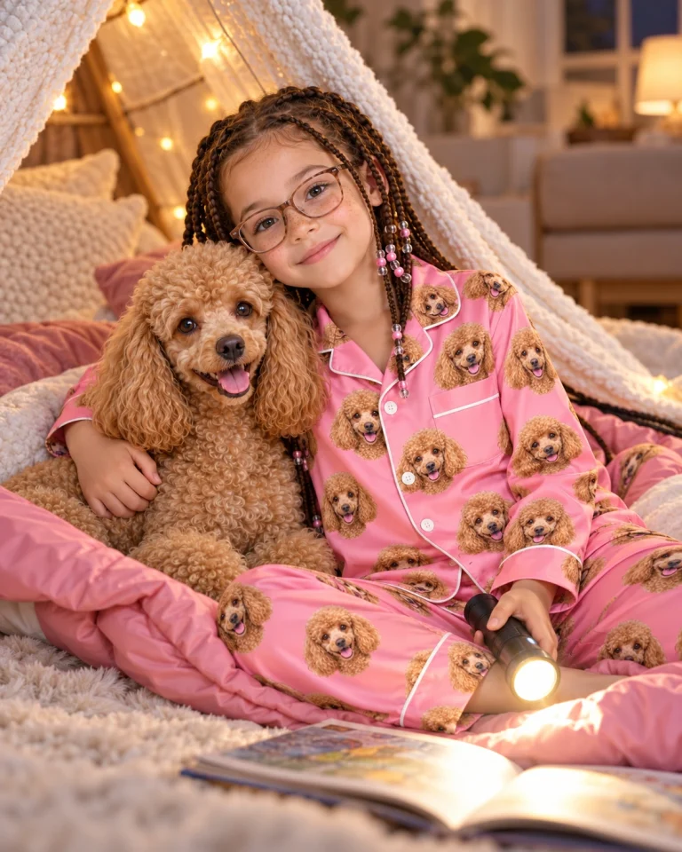 Girl in girls poodle pajamas with her Poodle — MyDogPics