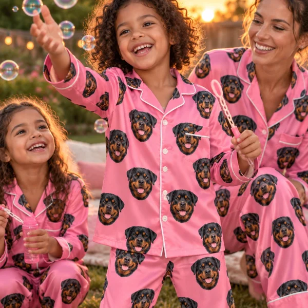 Girl and her mom in matching girls rottweiler pajamas with black-and-mahogany Rottweiler faces on pink satin — MyDogPics