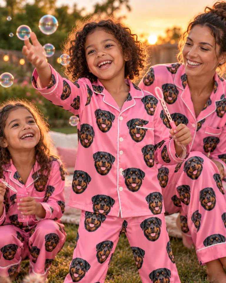 Girl and her mom in matching girls rottweiler pajamas with black-and-mahogany Rottweiler faces on pink satin — MyDogPics