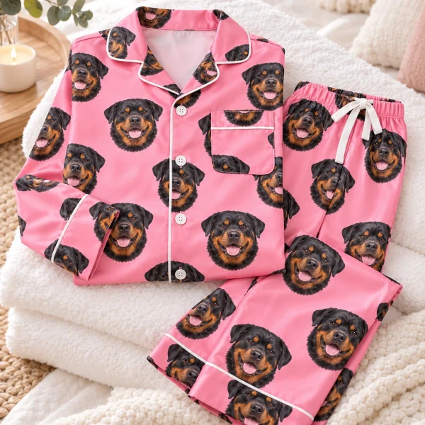 Flat lay of girls rottweiler pajamas: shirt and pants covered in black-and-mahogany Rottweiler faces — MyDogPics