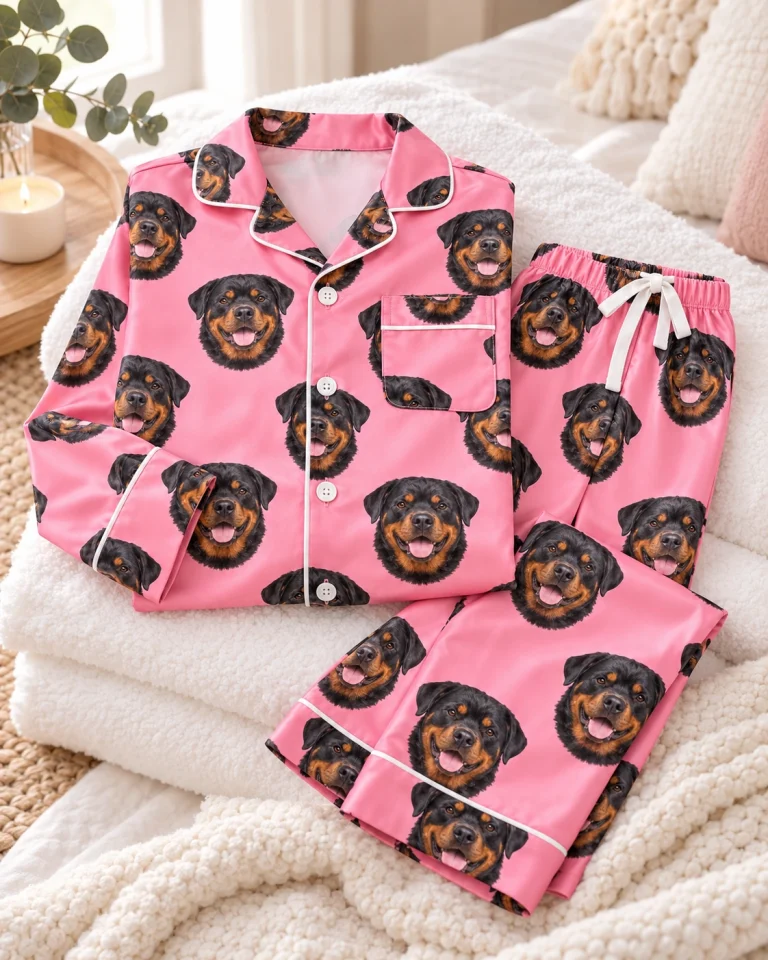 Flat lay of girls rottweiler pajamas: shirt and pants covered in black-and-mahogany Rottweiler faces — MyDogPics
