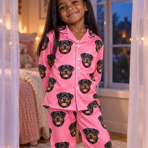 Girl posing in girls rottweiler pajamas, black-and-mahogany Rottweiler faces on pink satin — MyDogPics
