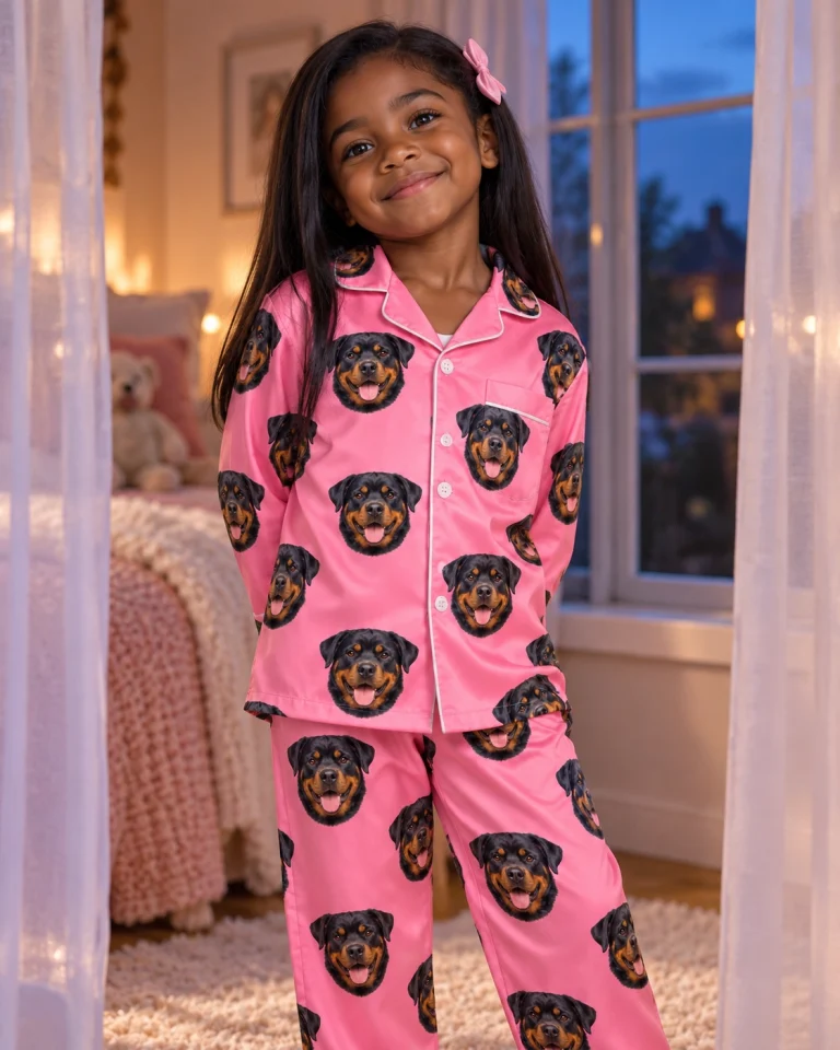 Girl posing in girls rottweiler pajamas, black-and-mahogany Rottweiler faces on pink satin — MyDogPics
