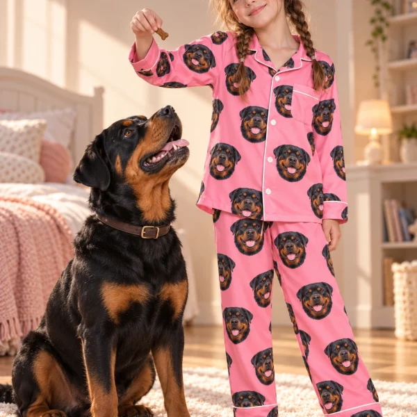 Girl in girls rottweiler pajamas with her Rottweiler — MyDogPics