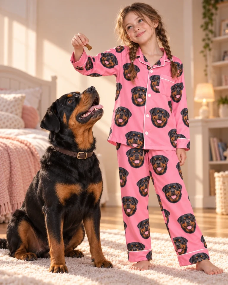 Girl in girls rottweiler pajamas with her Rottweiler — MyDogPics