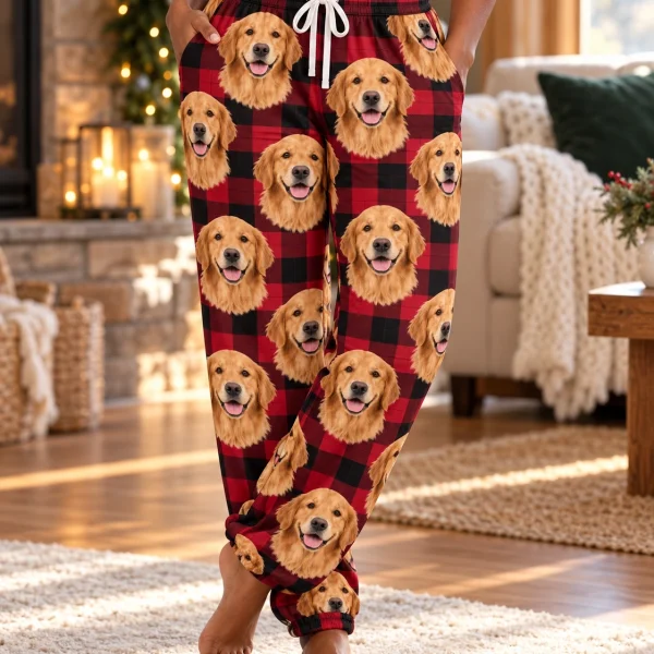 Close-up of the golden retriever Christmas pajama pants print: golden Golden Retriever faces on red plaid fabric — MyDogPics