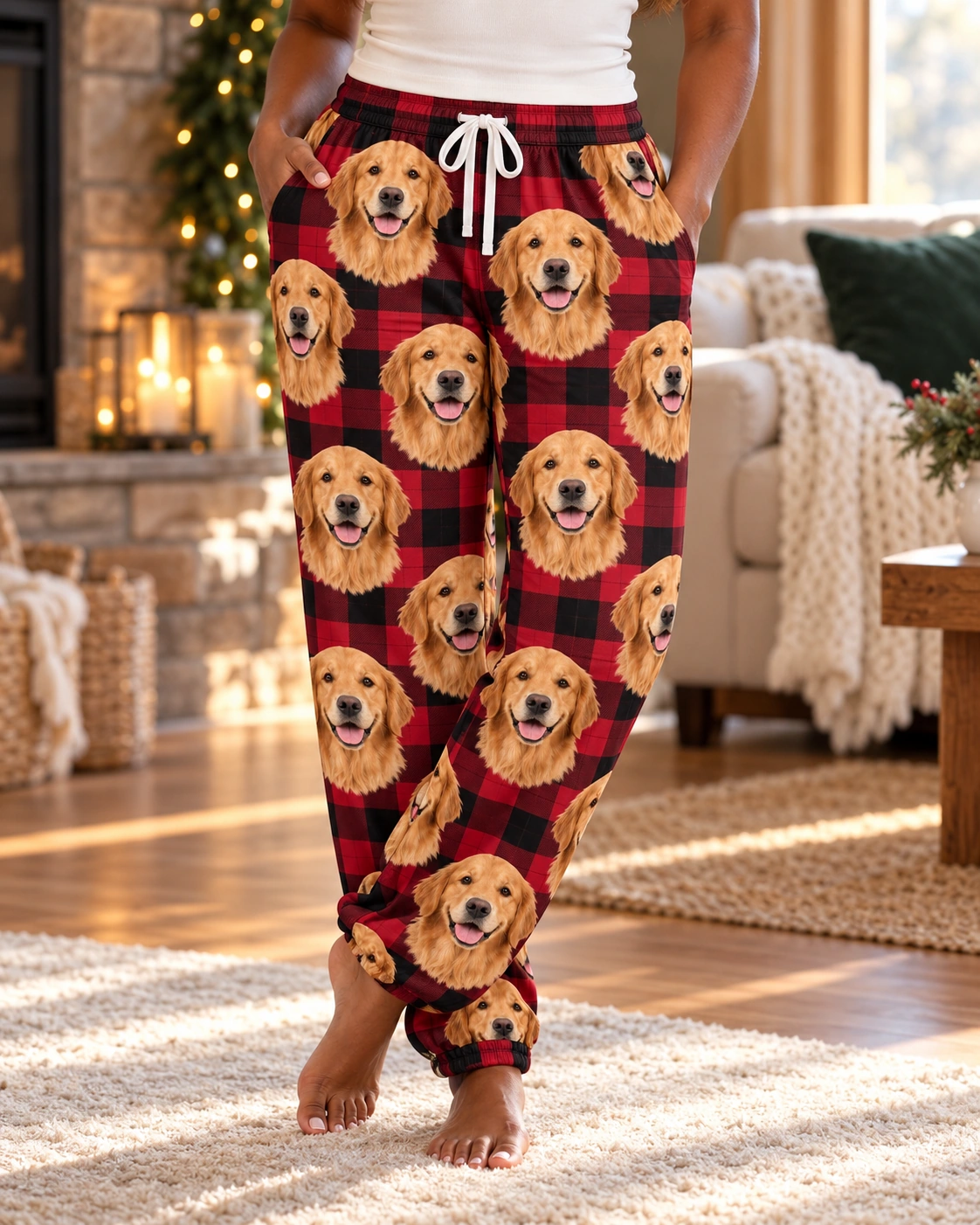Golden Retriever Christmas Pajama Pants – Print Close-Up, Red Plaid | MyDogPics Close-up of the golden retriever Christmas pajama pants print: golden Golden Retriever faces on red plaid fabric — MyDogPics