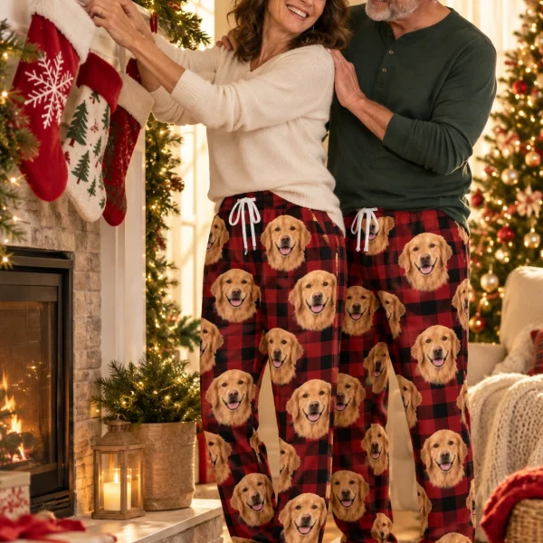 Woman and her partner in matching golden retriever Christmas pajama pants with golden Golden Retriever faces — MyDogPics