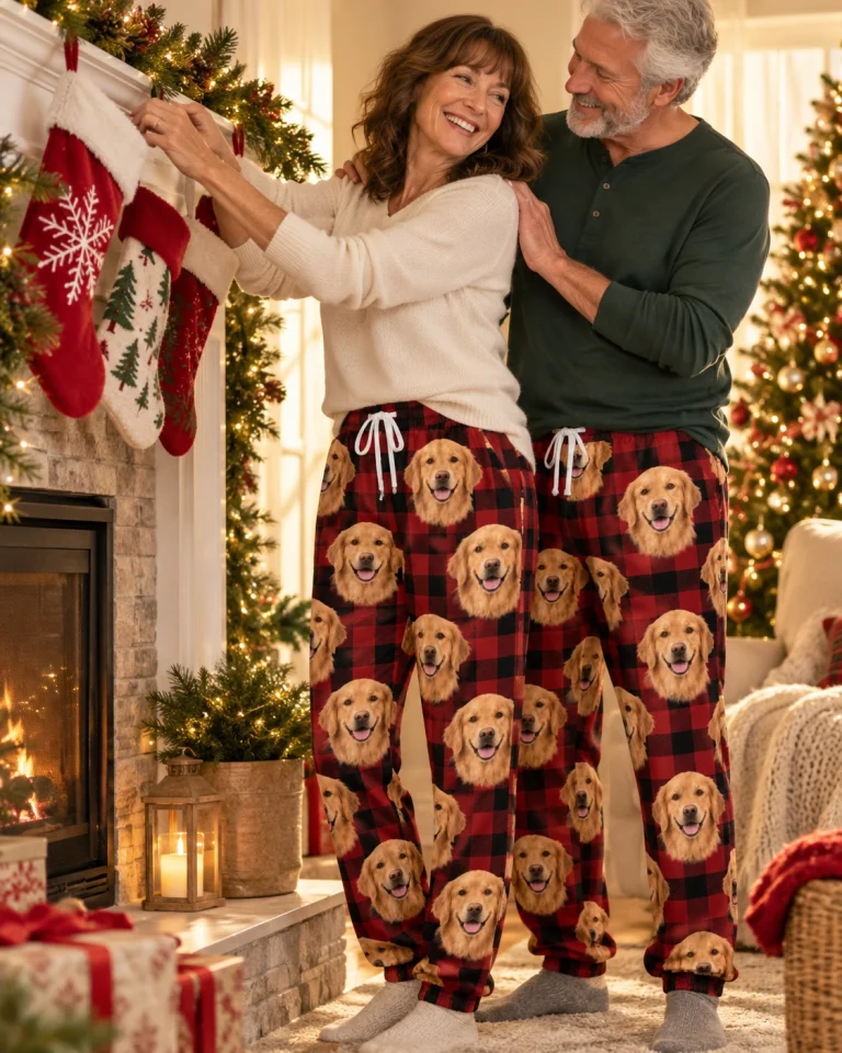 Woman and her partner in matching golden retriever Christmas pajama pants with golden Golden Retriever faces — MyDogPics
