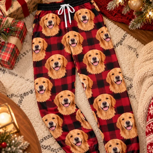 Flat lay of golden retriever Christmas pajama pants: pants covered in golden Golden Retriever faces — MyDogPics