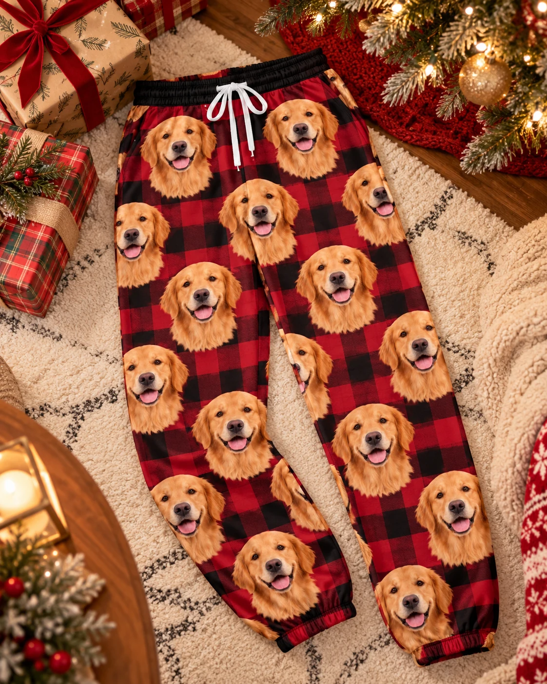 Golden Retriever Christmas Pajama Pants – Flat Lay, Red Plaid | MyDogPics Flat lay of golden retriever Christmas pajama pants: pants covered in golden Golden Retriever faces — MyDogPics