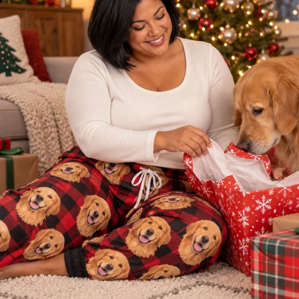 Woman in golden retriever Christmas pajama pants with her Golden Retriever — MyDogPics