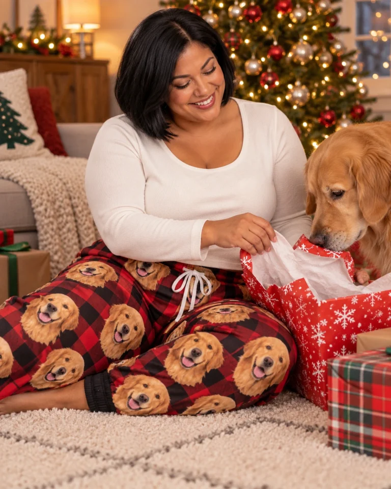 Woman in golden retriever Christmas pajama pants with her Golden Retriever — MyDogPics