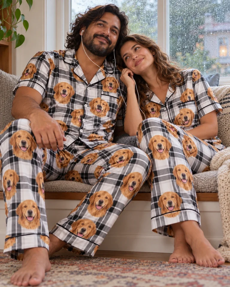 Man and his partner in matching golden retriever dad pajamas with golden Golden Retriever faces — MyDogPics