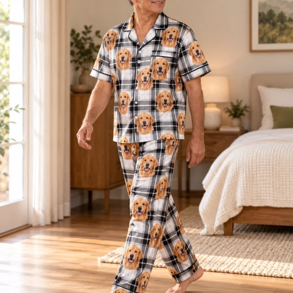 Side view of golden retriever dad pajamas with golden Golden Retriever faces on white plaid satin — MyDogPics
