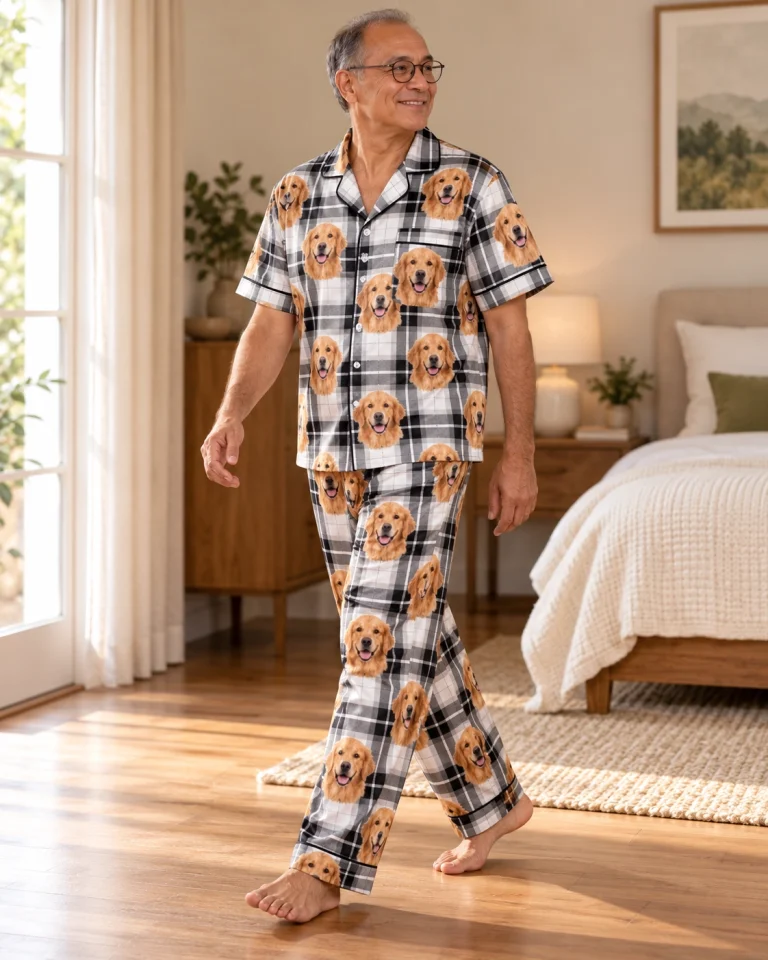Side view of golden retriever dad pajamas with golden Golden Retriever faces on white plaid satin — MyDogPics