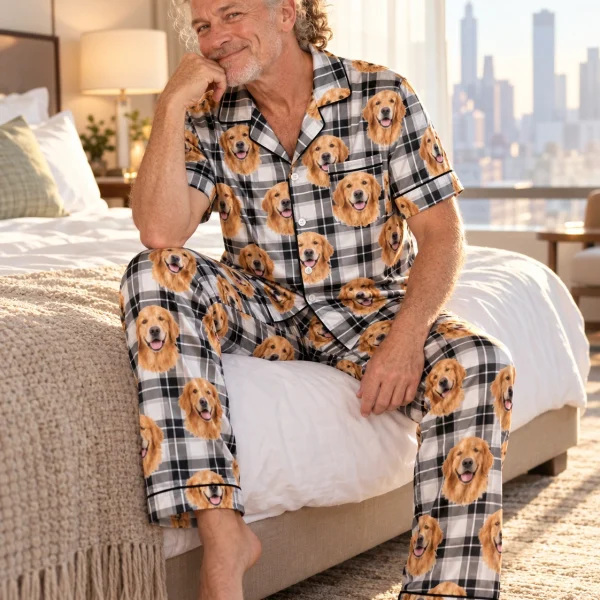 Man sitting in golden retriever dad pajamas covered in golden Golden Retriever faces — MyDogPics