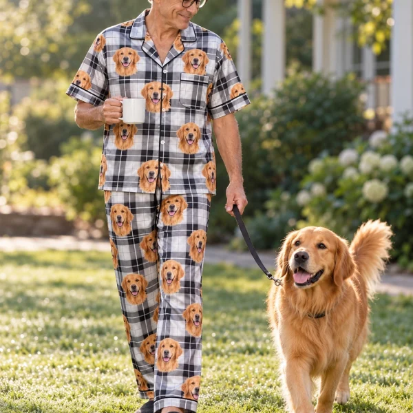 Man in golden retriever dad pajamas with his Golden Retriever — MyDogPics