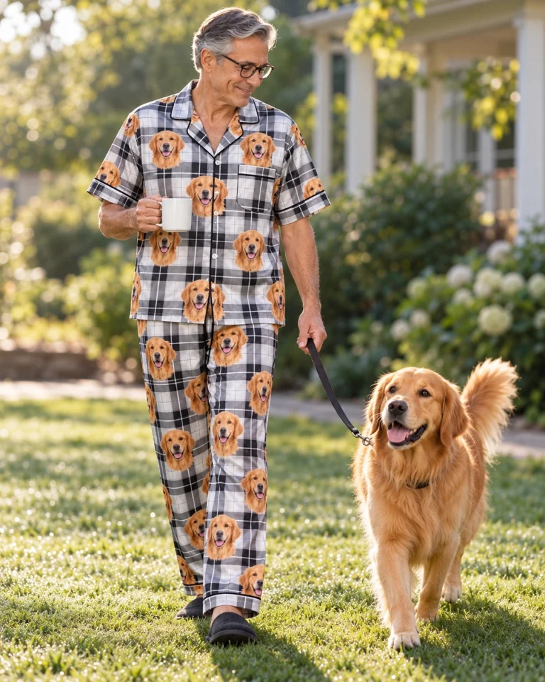 Man in golden retriever dad pajamas with his Golden Retriever — MyDogPics
