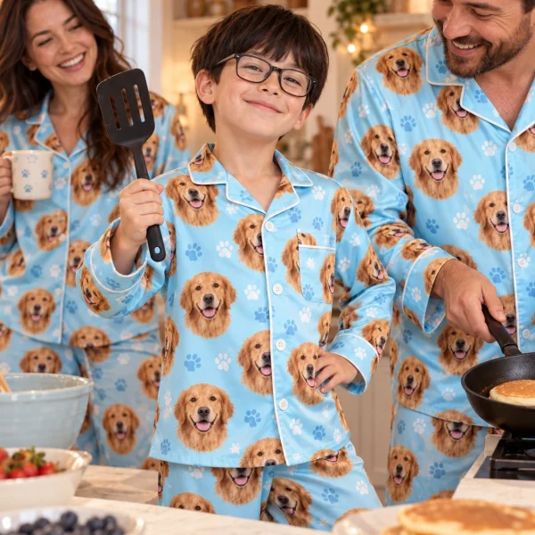Boy and his family in matching golden retriever kids pajamas with golden Golden Retriever faces — MyDogPics