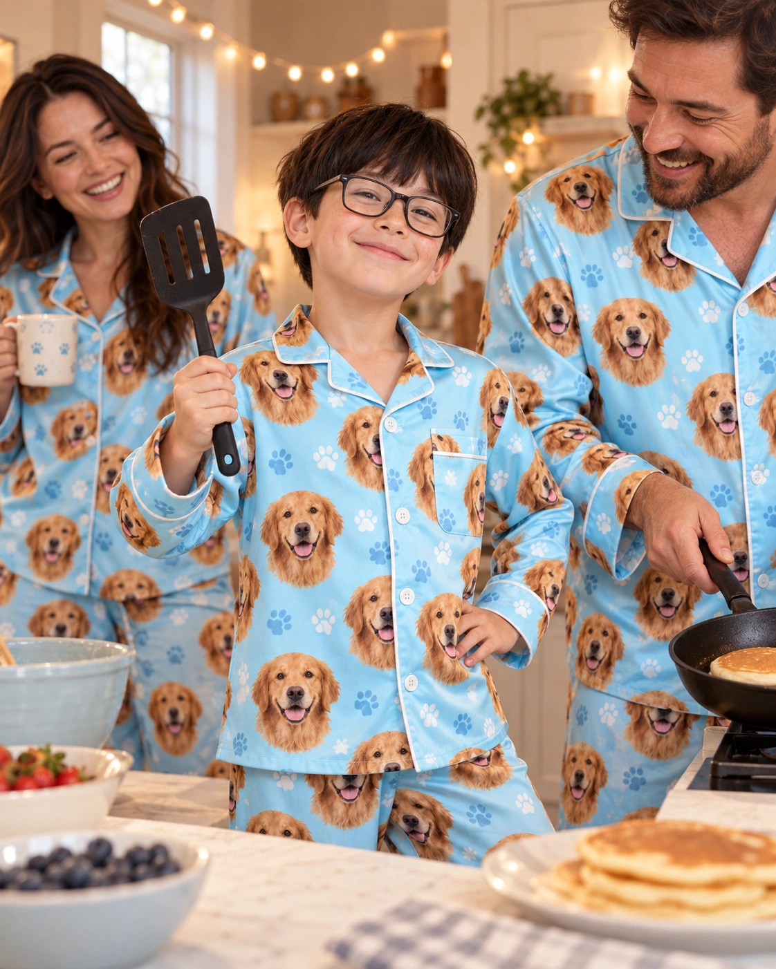 Golden Retriever Kids Pajamas – Family, Light Blue Paw-Print | MyDogPics Boy and his family in matching golden retriever kids pajamas with golden Golden Retriever faces — MyDogPics