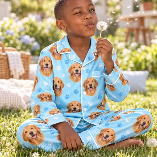 Boy sitting in golden retriever kids pajamas covered in golden Golden Retriever faces — MyDogPics