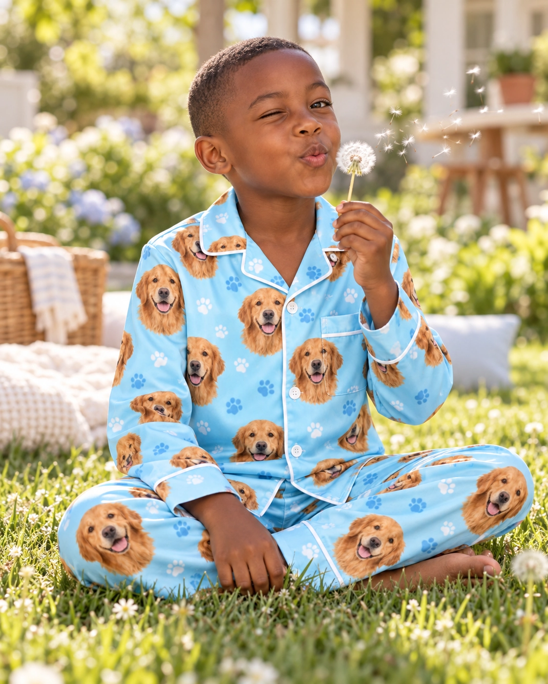 Golden Retriever Kids Pajamas – Sitting, Light Blue Paw-Print | MyDogPics Boy sitting in golden retriever kids pajamas covered in golden Golden Retriever faces — MyDogPics