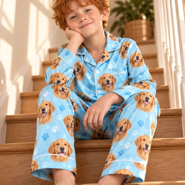 Boy sitting in golden retriever kids pajamas covered in golden Golden Retriever faces — MyDogPics