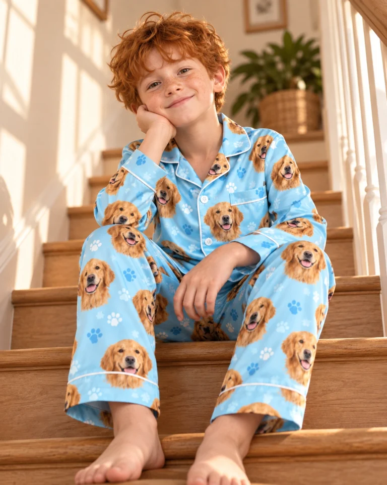 Boy sitting in golden retriever kids pajamas covered in golden Golden Retriever faces — MyDogPics