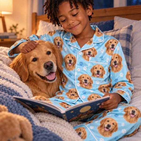 Boy in golden retriever kids pajamas with his Golden Retriever — MyDogPics