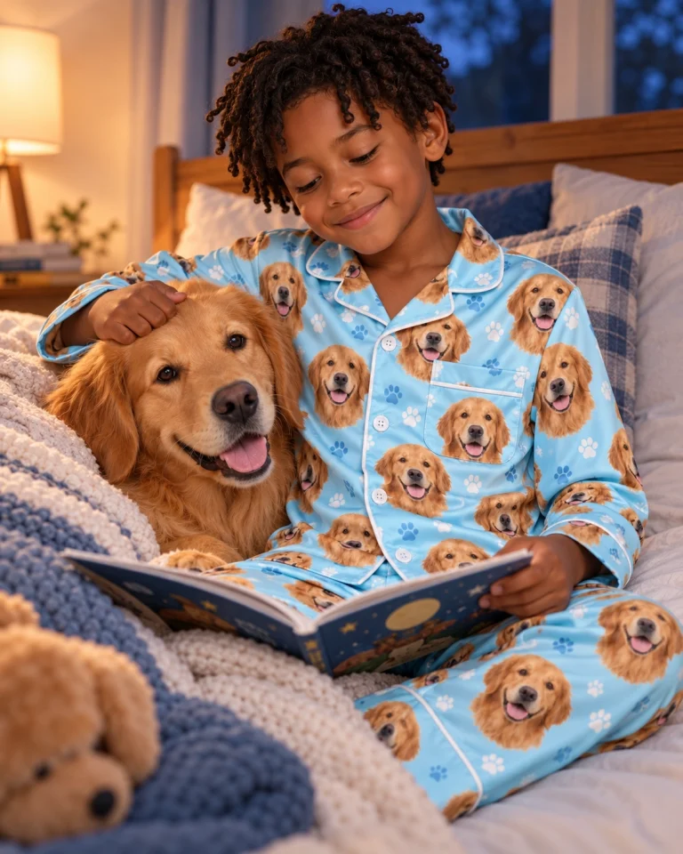 Boy in golden retriever kids pajamas with his Golden Retriever — MyDogPics