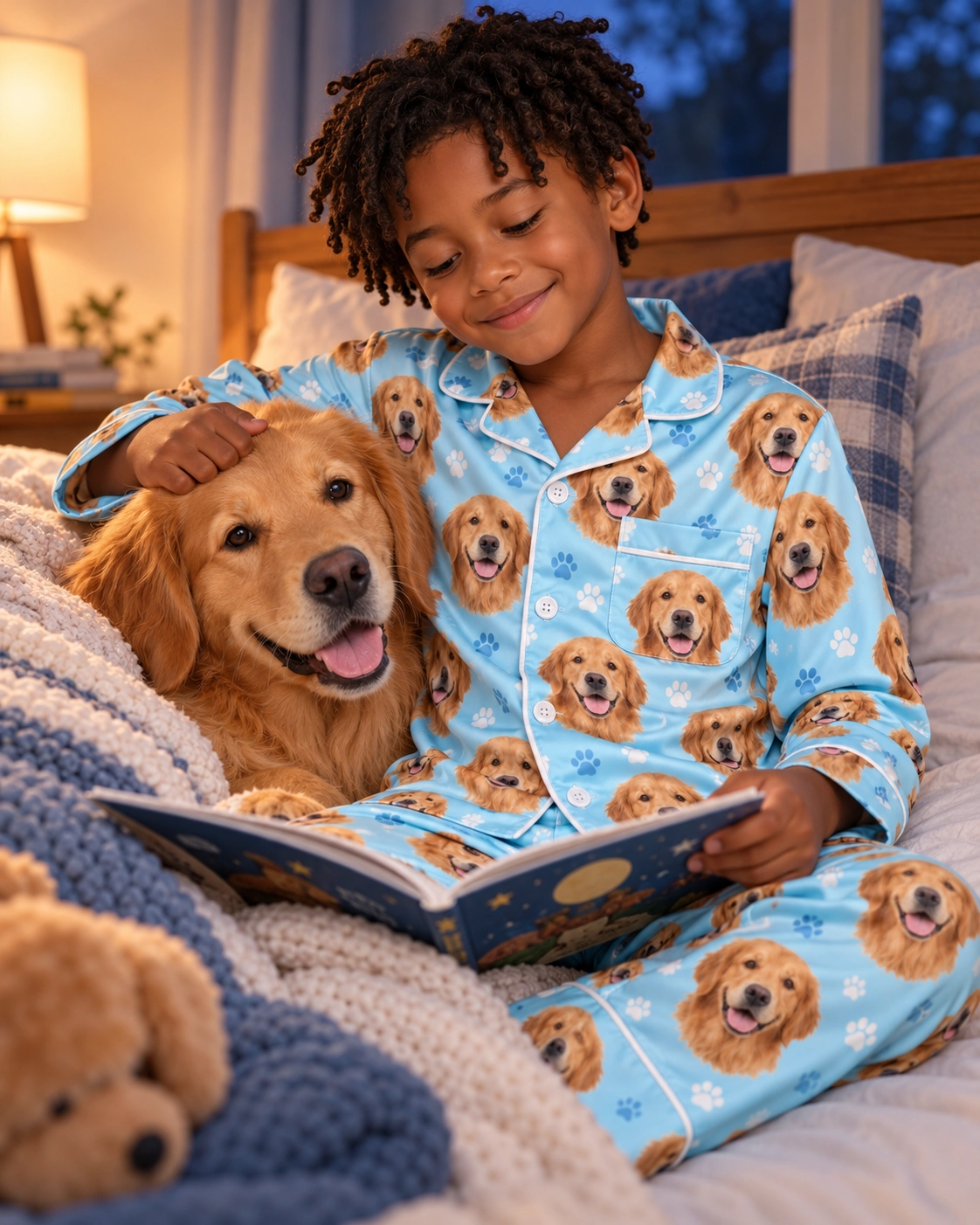 Golden Retriever Kids Pajamas – With Dog, Light Blue Paw-Print | MyDogPics Boy in golden retriever kids pajamas with his Golden Retriever — MyDogPics
