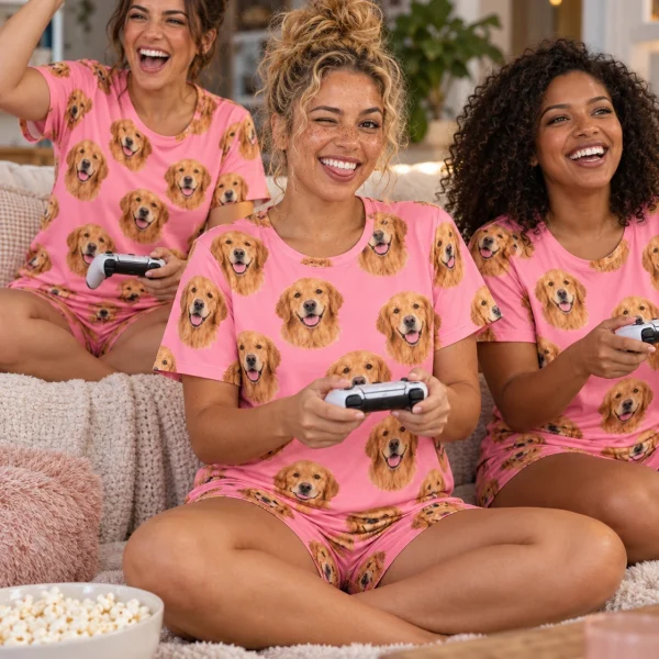 Woman and her friends in matching golden retriever lounge set with golden Golden Retriever faces on pink fabric — MyDogPics