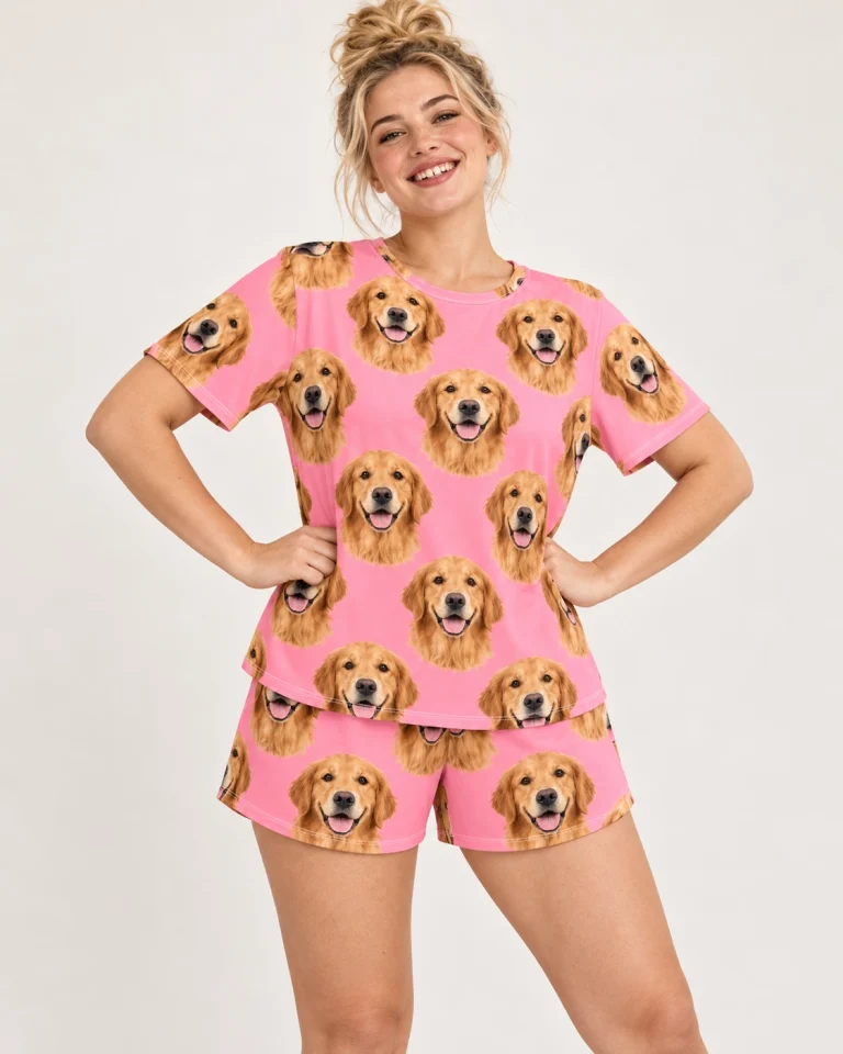 Woman wearing a golden retriever lounge set covered in golden Golden Retriever faces on pink fabric — MyDogPics