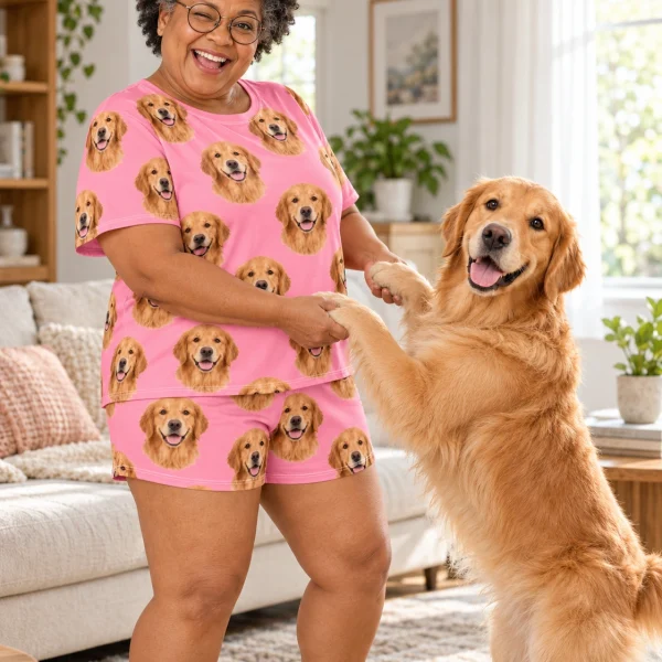 Woman in a golden retriever lounge set with her Golden Retriever — MyDogPics