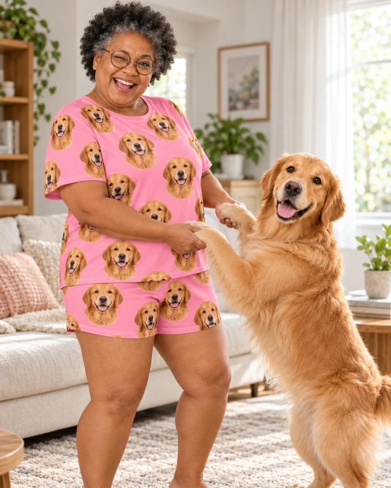 Woman in a golden retriever lounge set with her Golden Retriever — MyDogPics