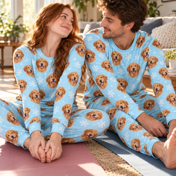 Woman and her partner in matching golden retriever matching pajamas with golden Golden Retriever faces — MyDogPics